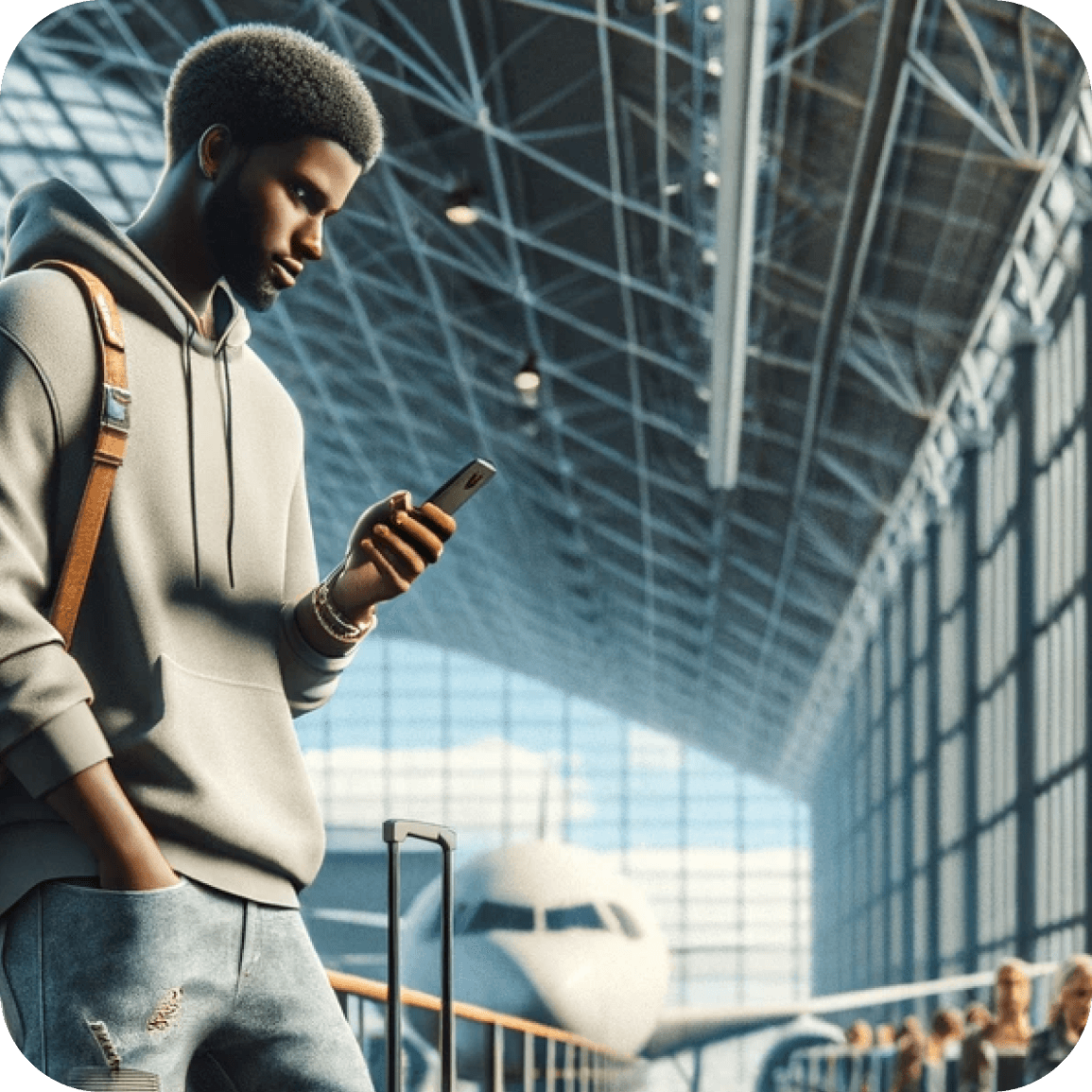 Guy standing in airport on his phone