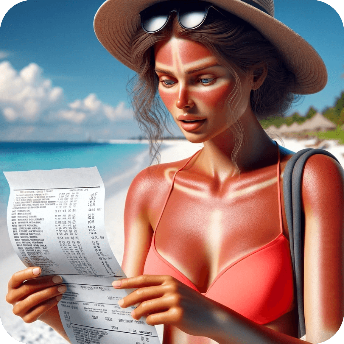 Sunburnt woman reading an expensive phone bill at the beach